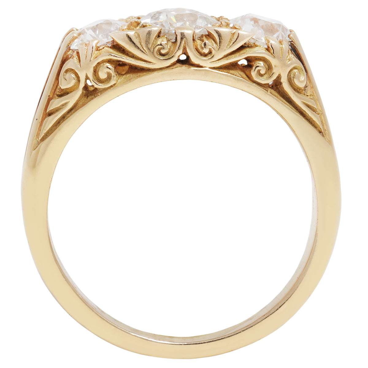antique old ring with three diamonds on a white background
