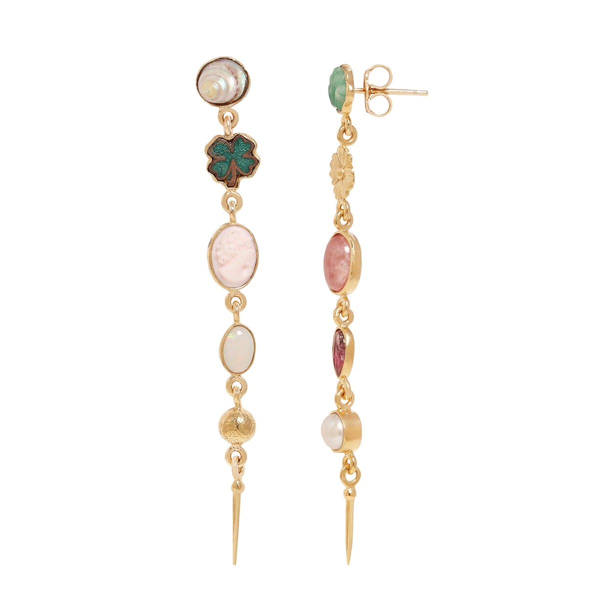 A pair of gold dangle earrings featuring a variety of colorful stones and charms, including a green clover, pink and white oval stones, and a pearl, shown against a plain white background.
