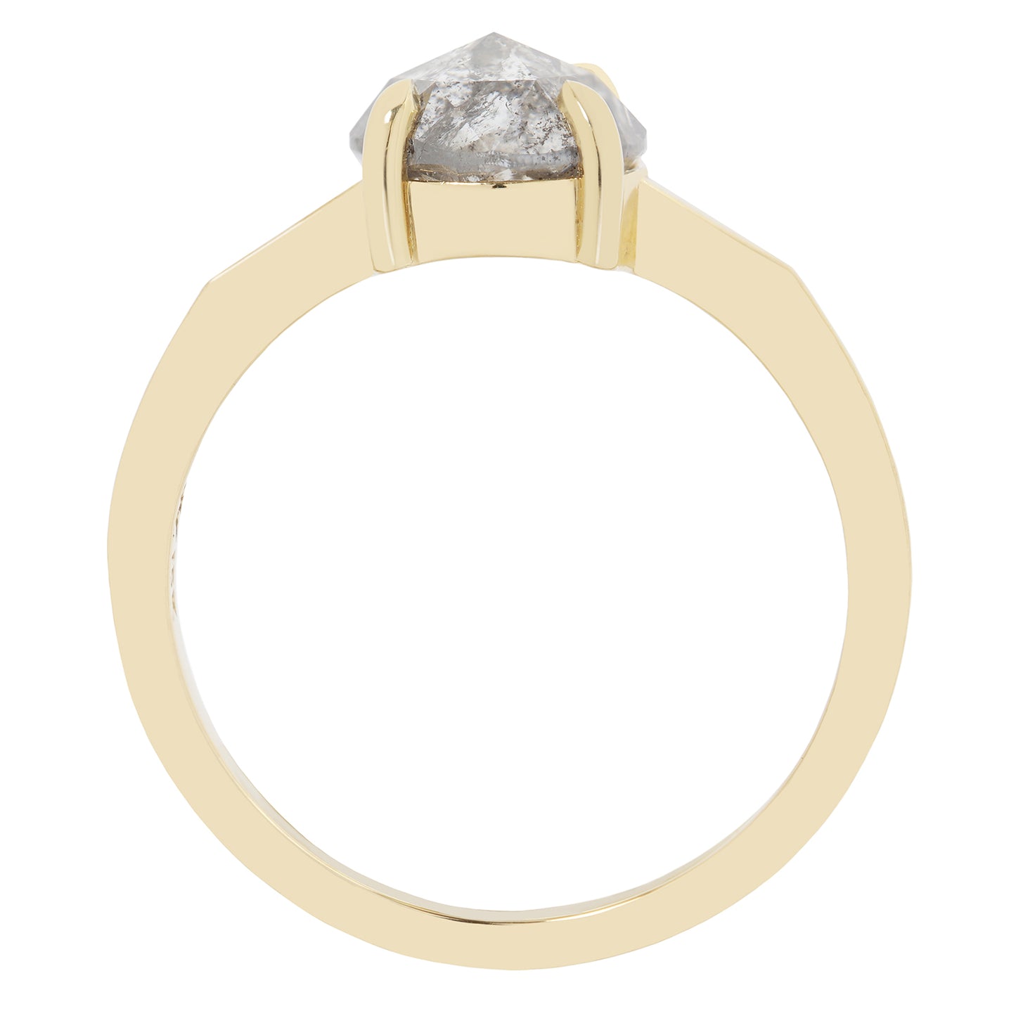 Gold ring with a gray diamond on a white background
