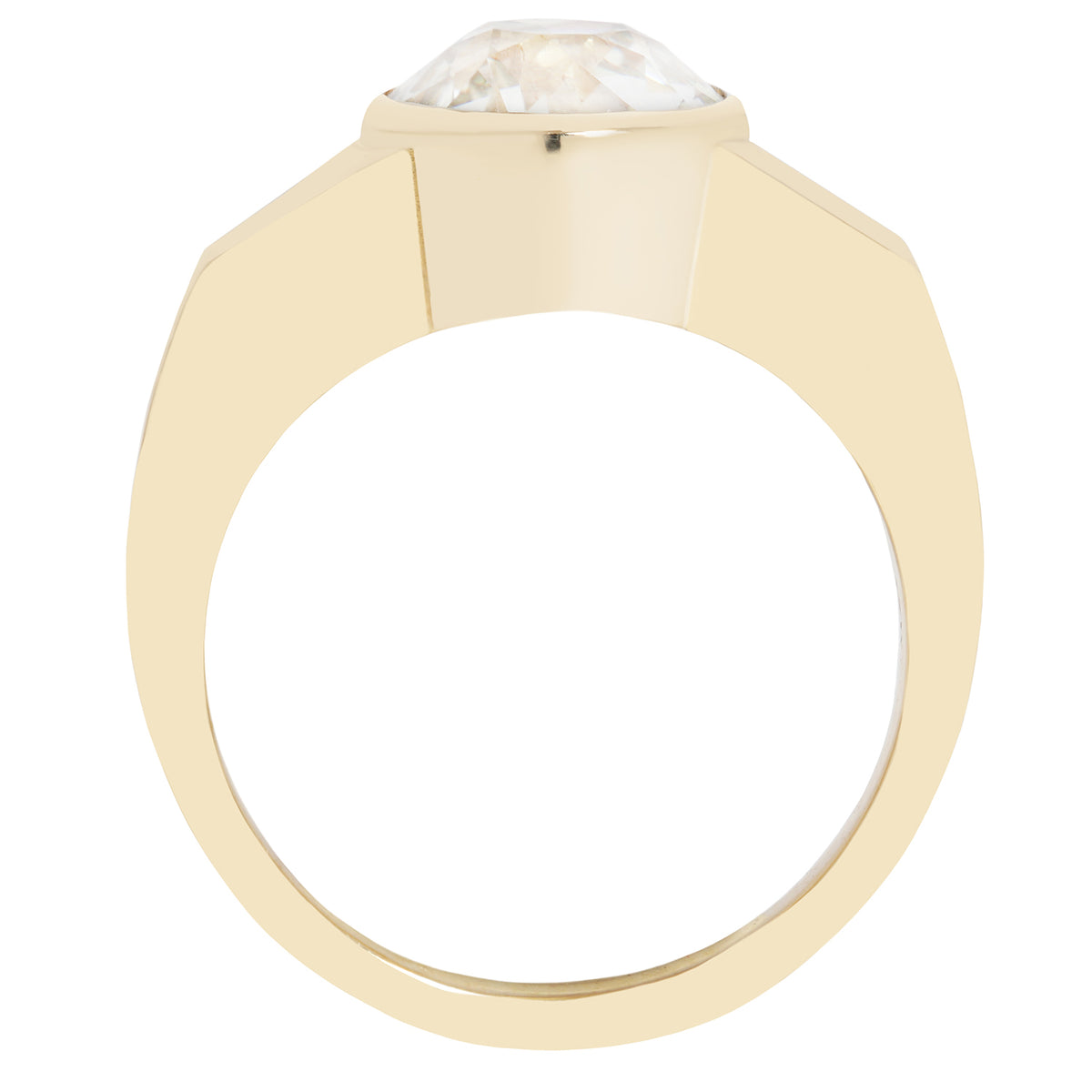 Gold ring with a large diamond on a white background
