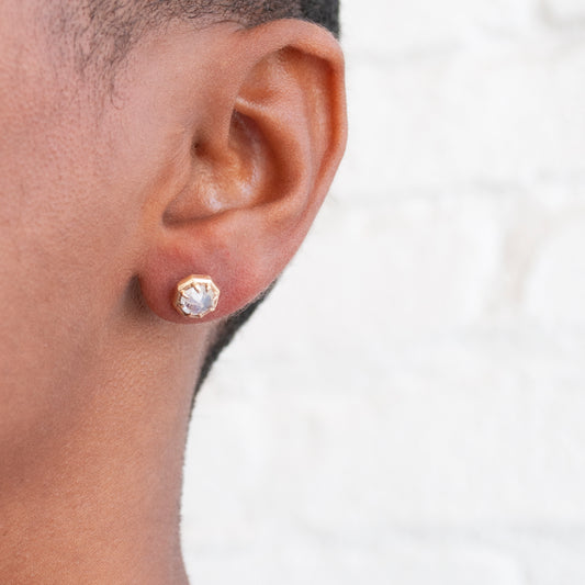 Lauren Wolf Yellow Gold Rainbow Moonstone Studs on model's ear