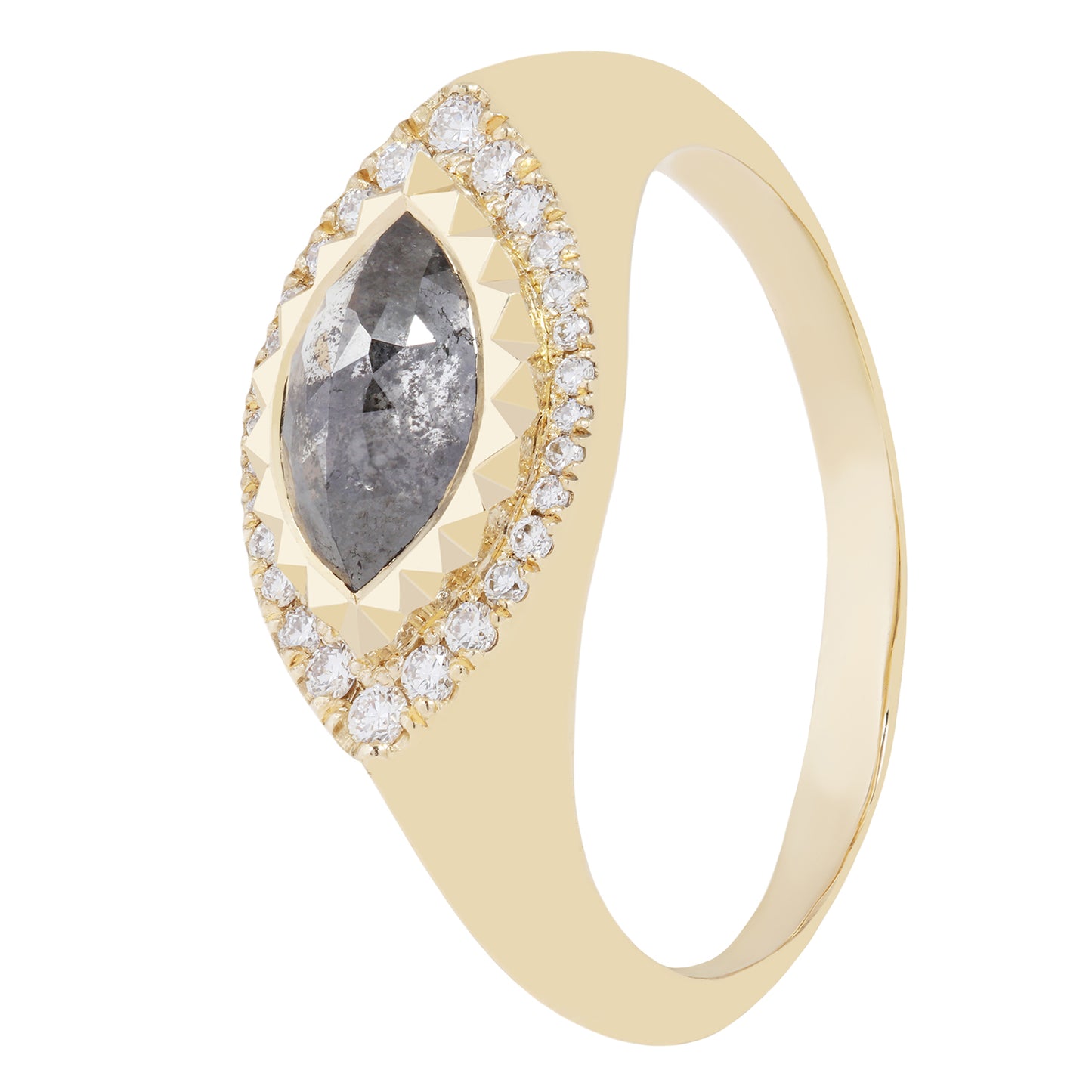 Gold ring with a central gray diamond and smaller white diamonds on a white background