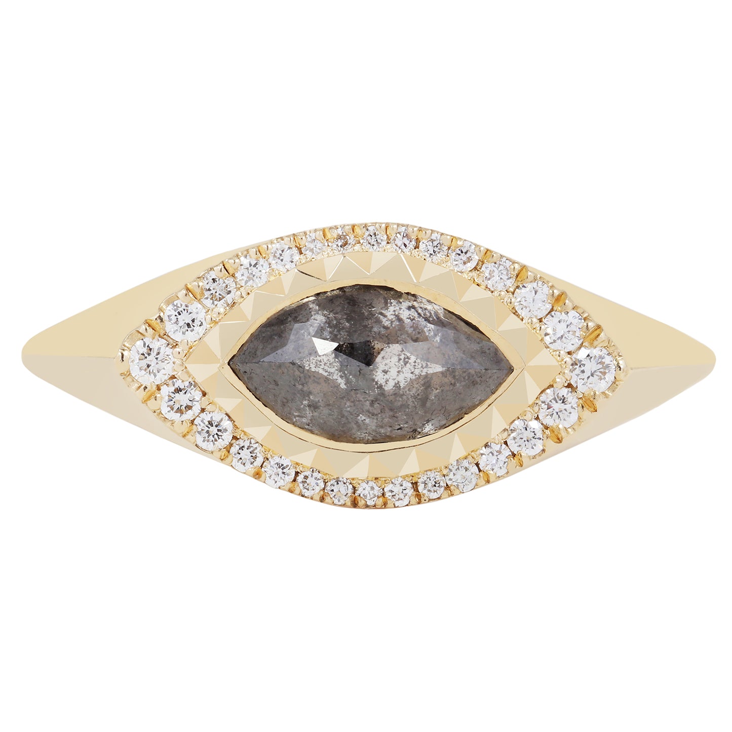 Gold ring with a central gray diamond and smaller diamonds on a white background