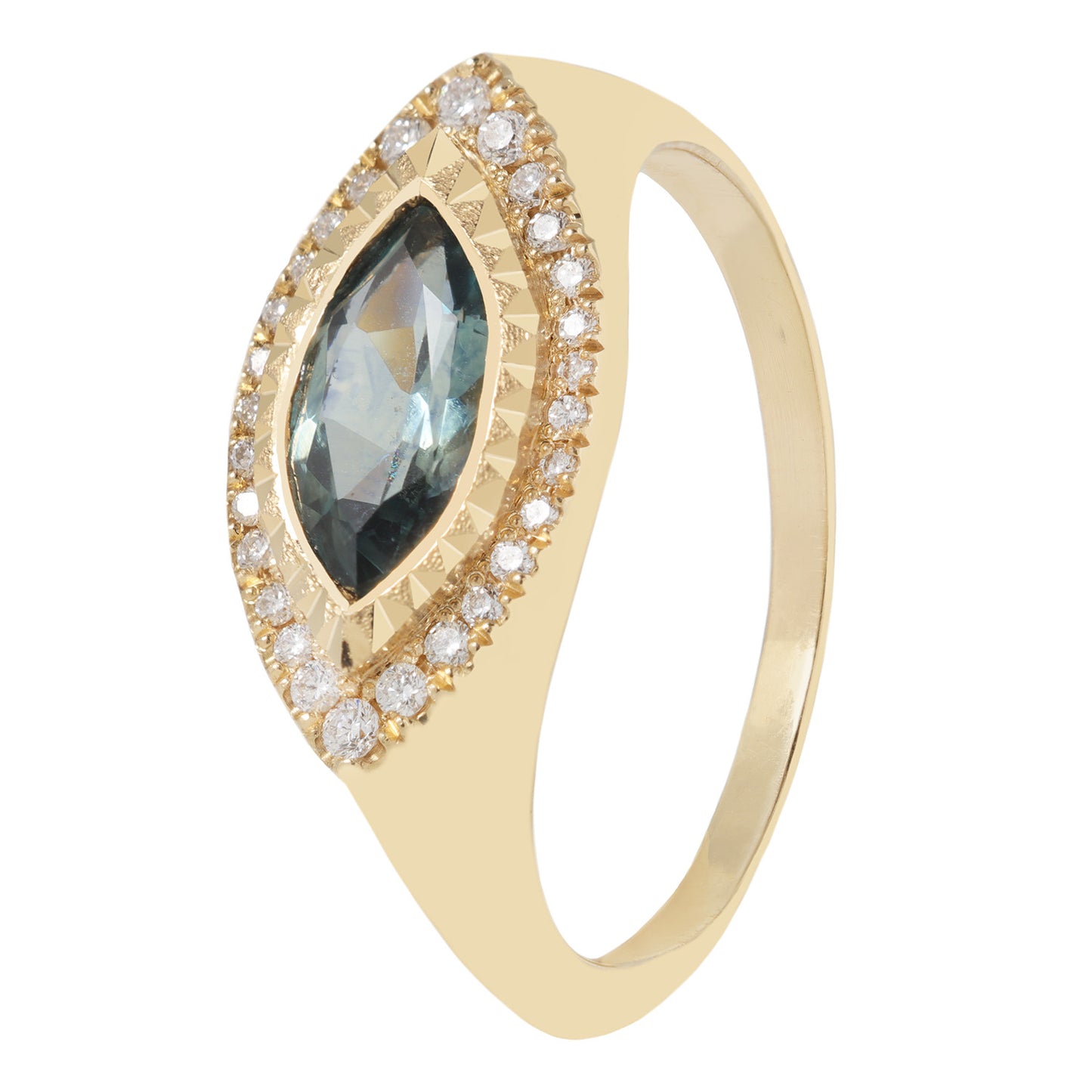 A deco-inspired signet ring with a custom cut Montana sapphire in a hand-cut geometric bezel, surrounded by white diamonds, set in 14k yellow gold.