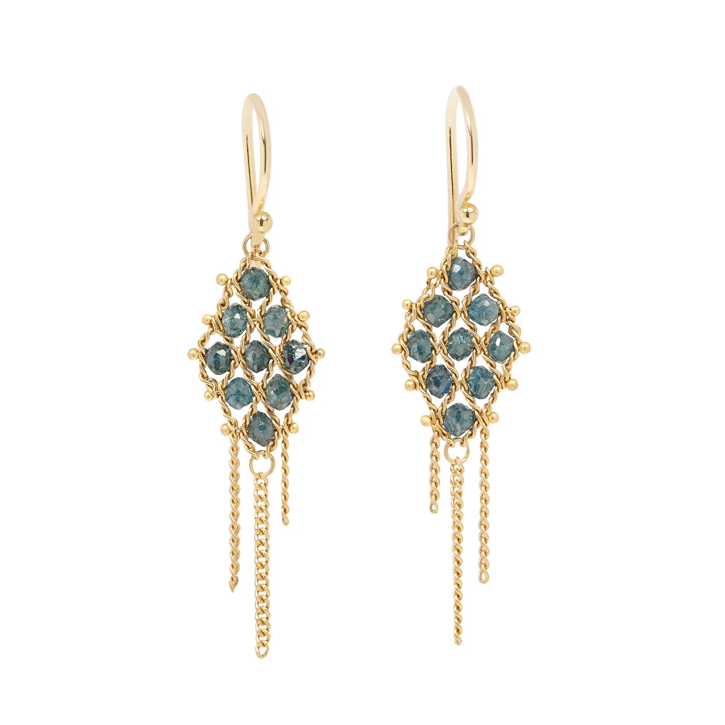 Gold earrings with blue diamonds on a white background