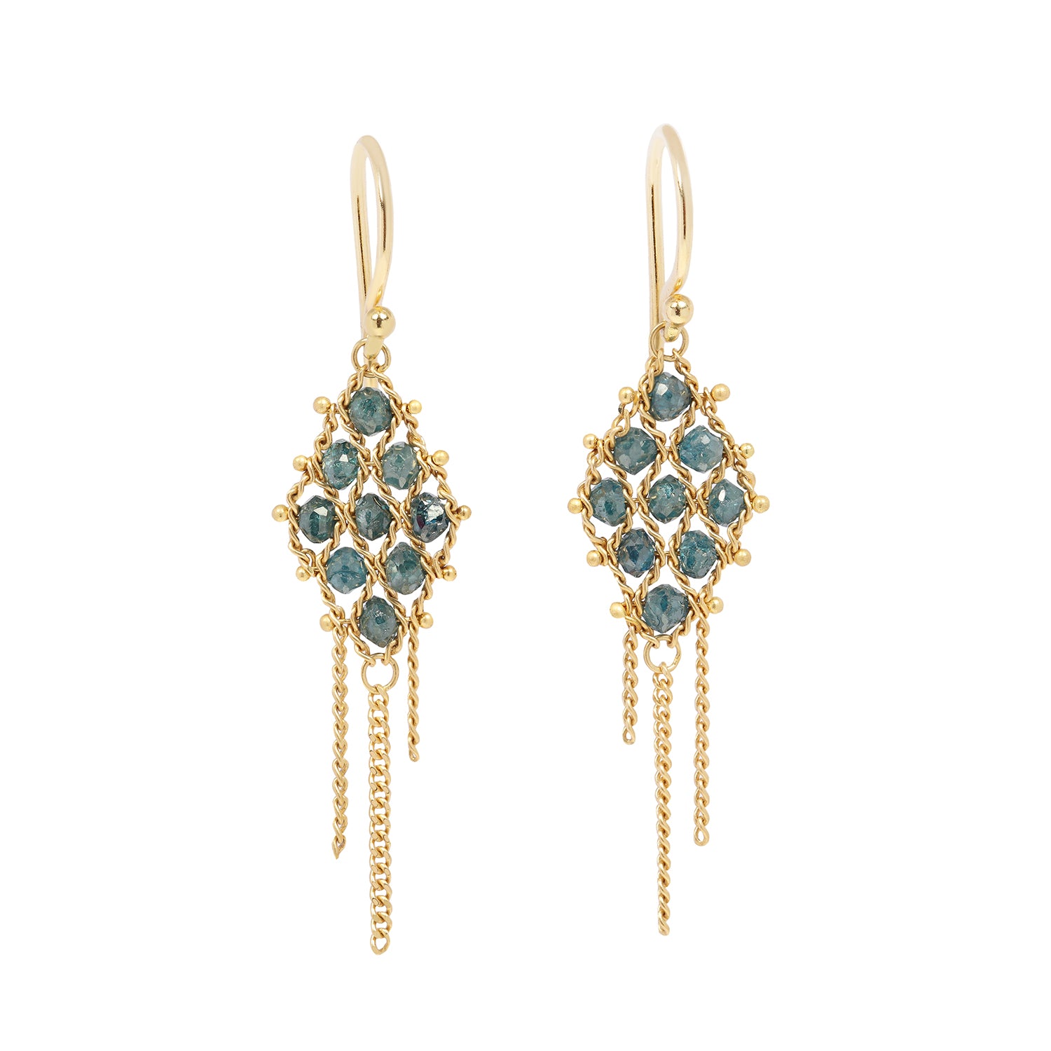 Gold earrings with blue diamonds on a white background