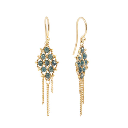 Gold earrings with blue diamonds on a white background
