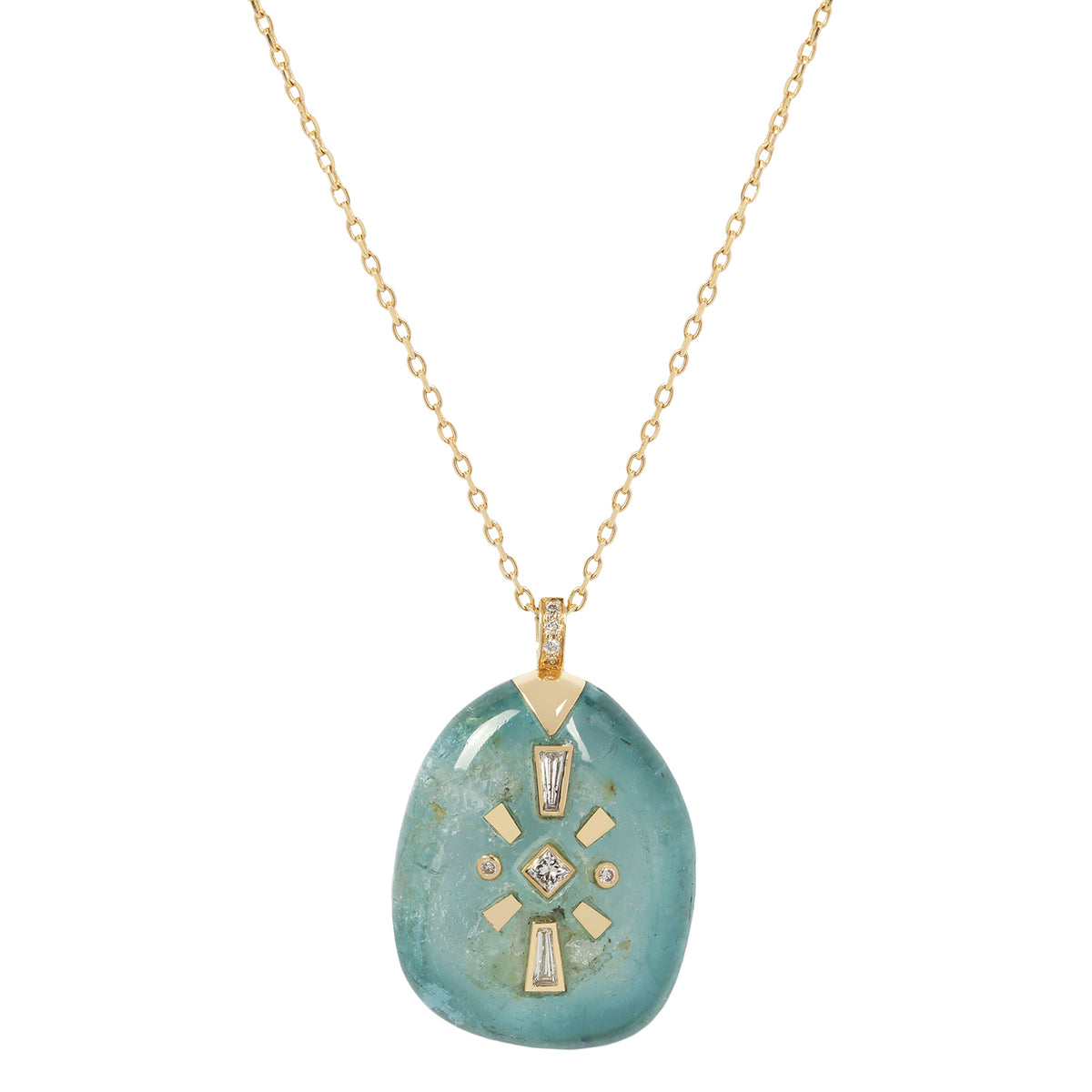 Tourmaline pendant with gold accents on a gold chain against a white background