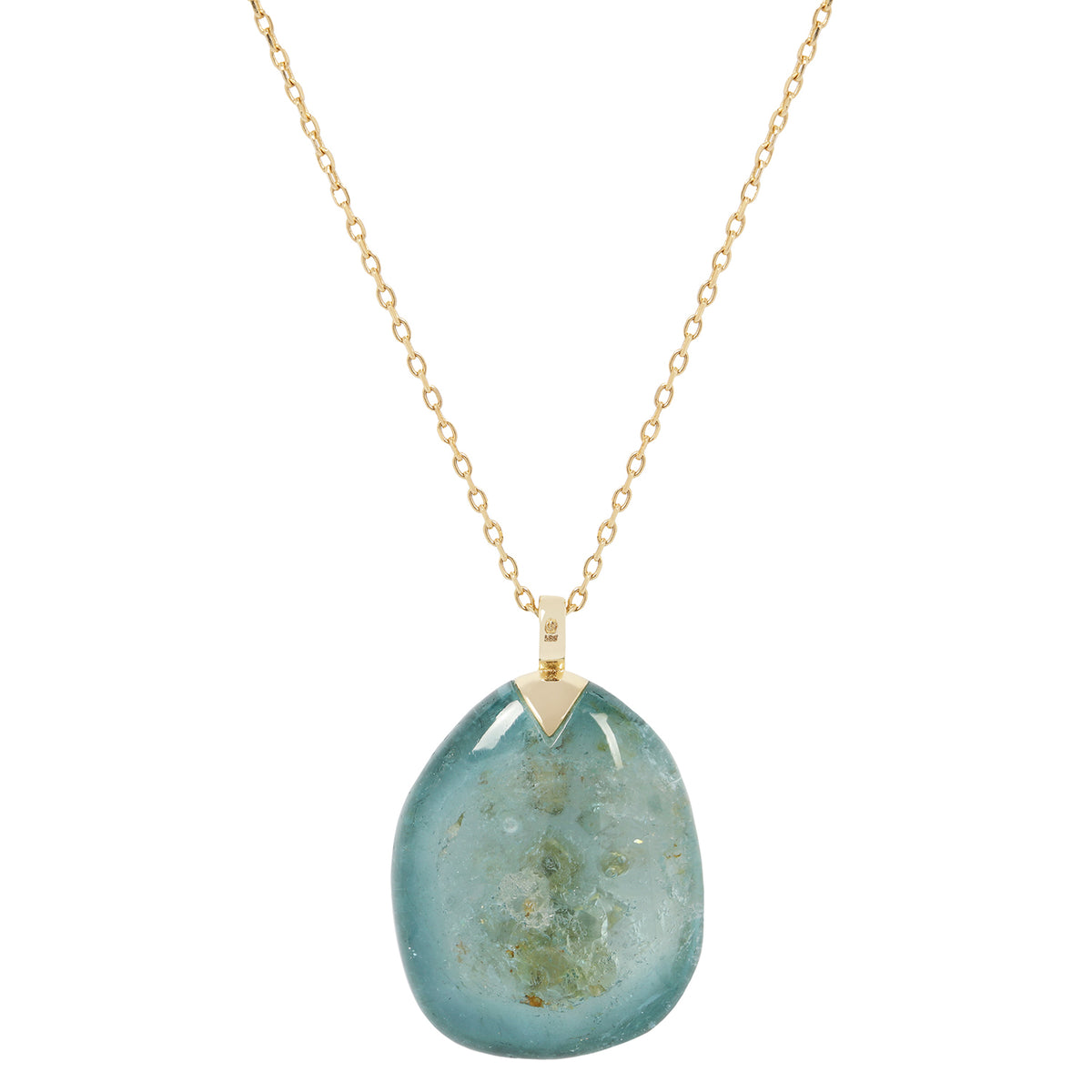 Tourmaline pendant with gold accents on a gold chain against a white background