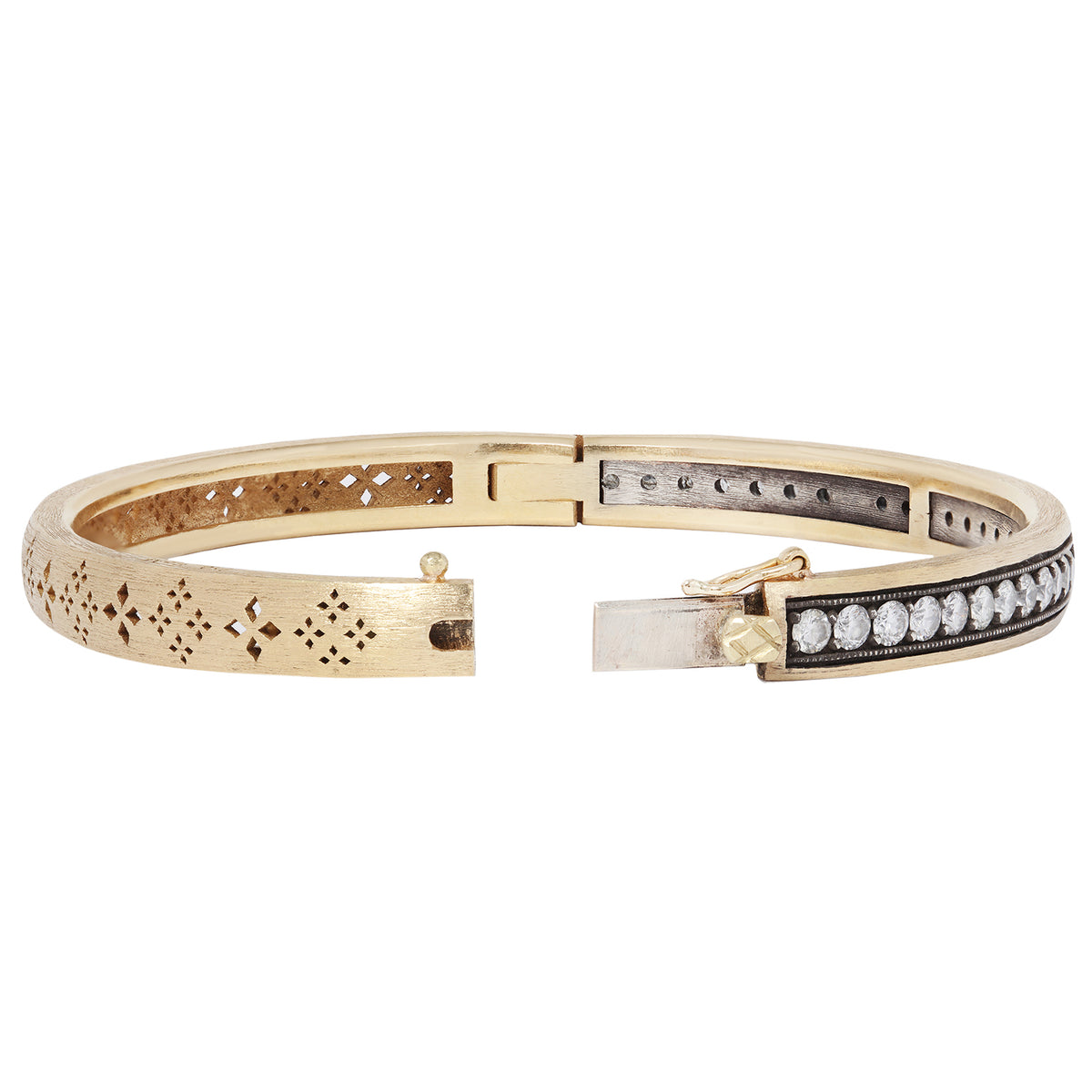 The Diamond & Clover Bangle in gold bangle with diamond accents showing clasp on a white background