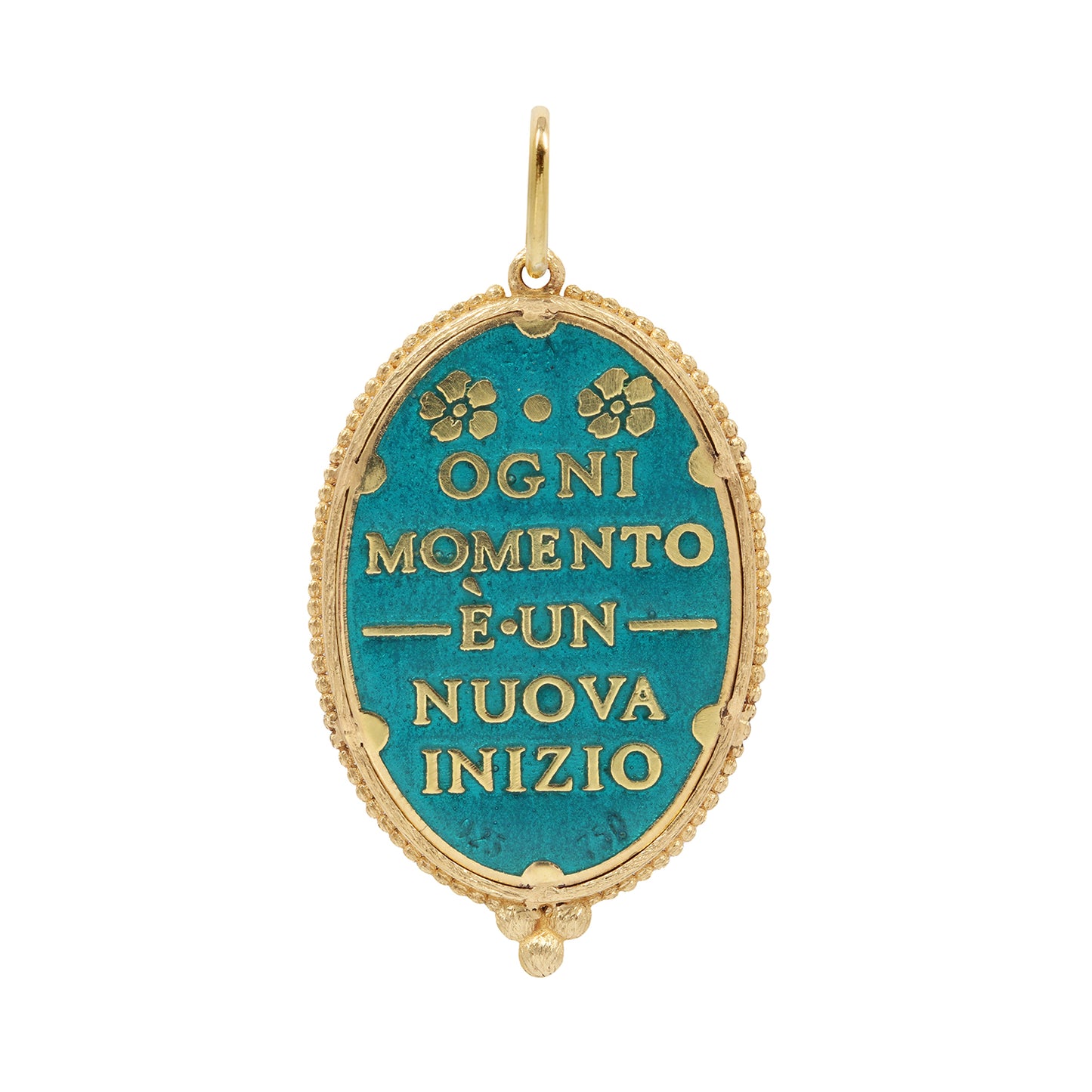 Gold and blue pendant with Italian inscription on a white background