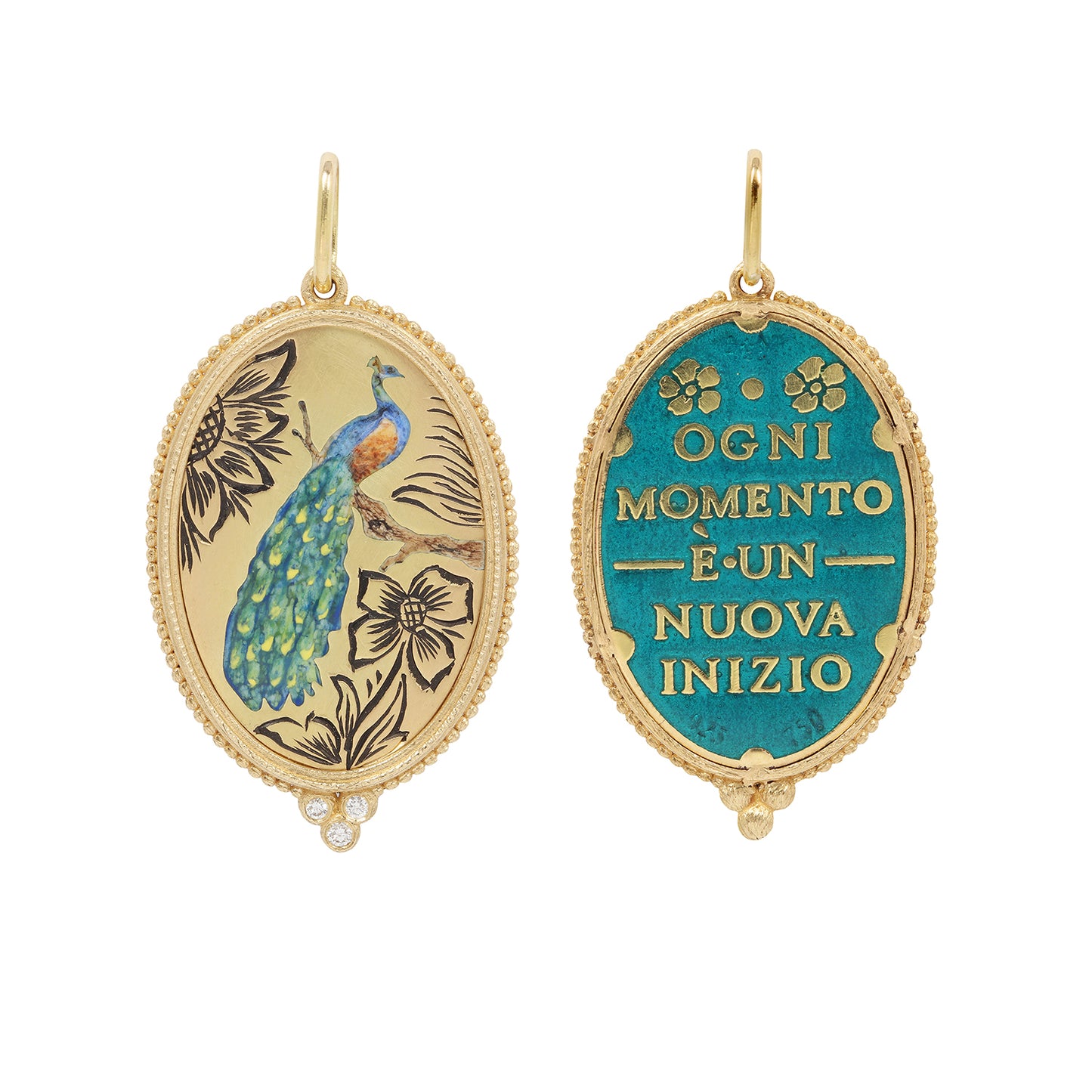 Two oval pendants with peacock design and Italian text on a white background