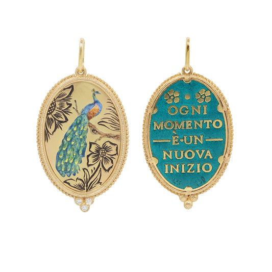 Two oval pendants with peacock design and Italian text on a white background