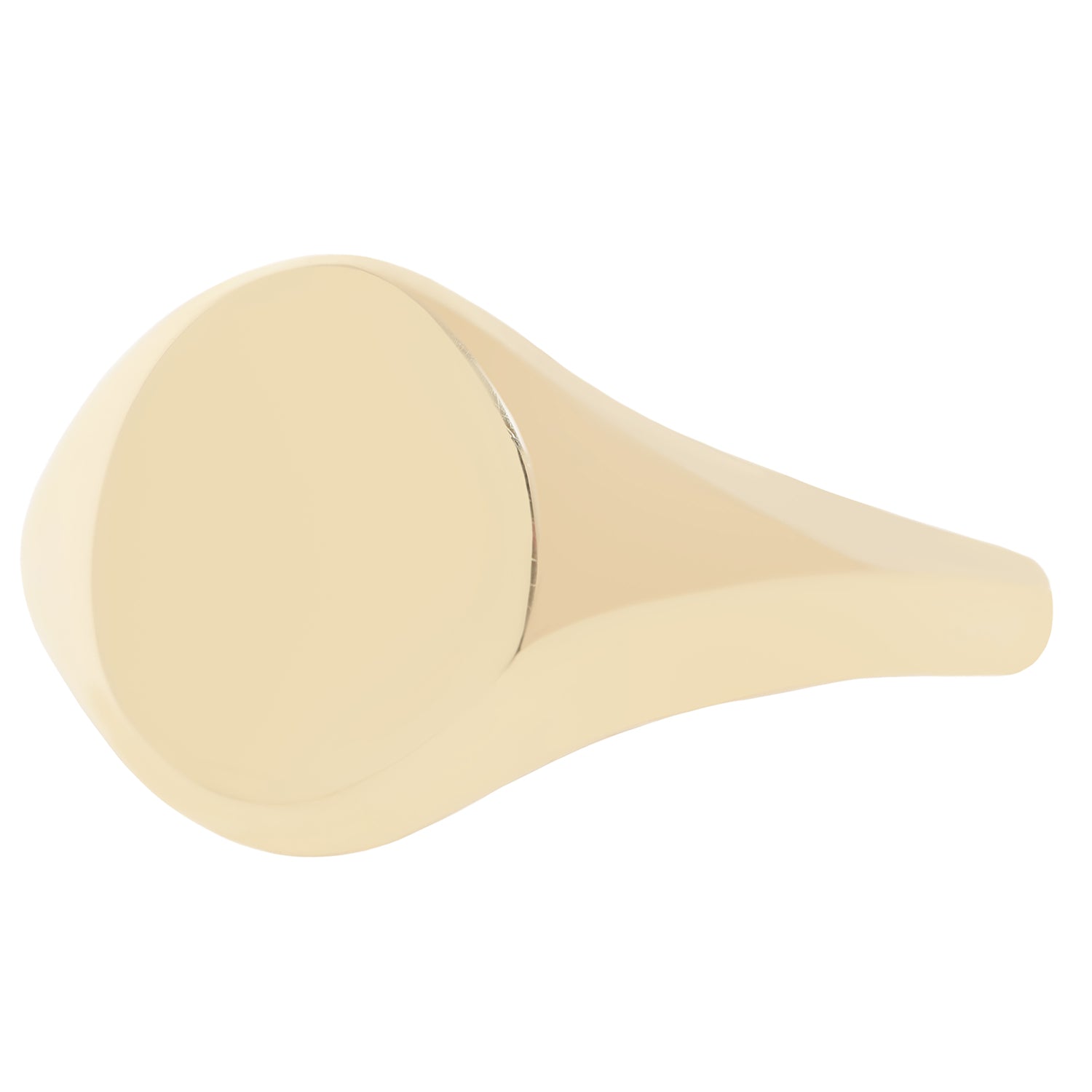 A single gold signet ring with a smooth, rounded oval head and a tapered band, shown on a plain white background.