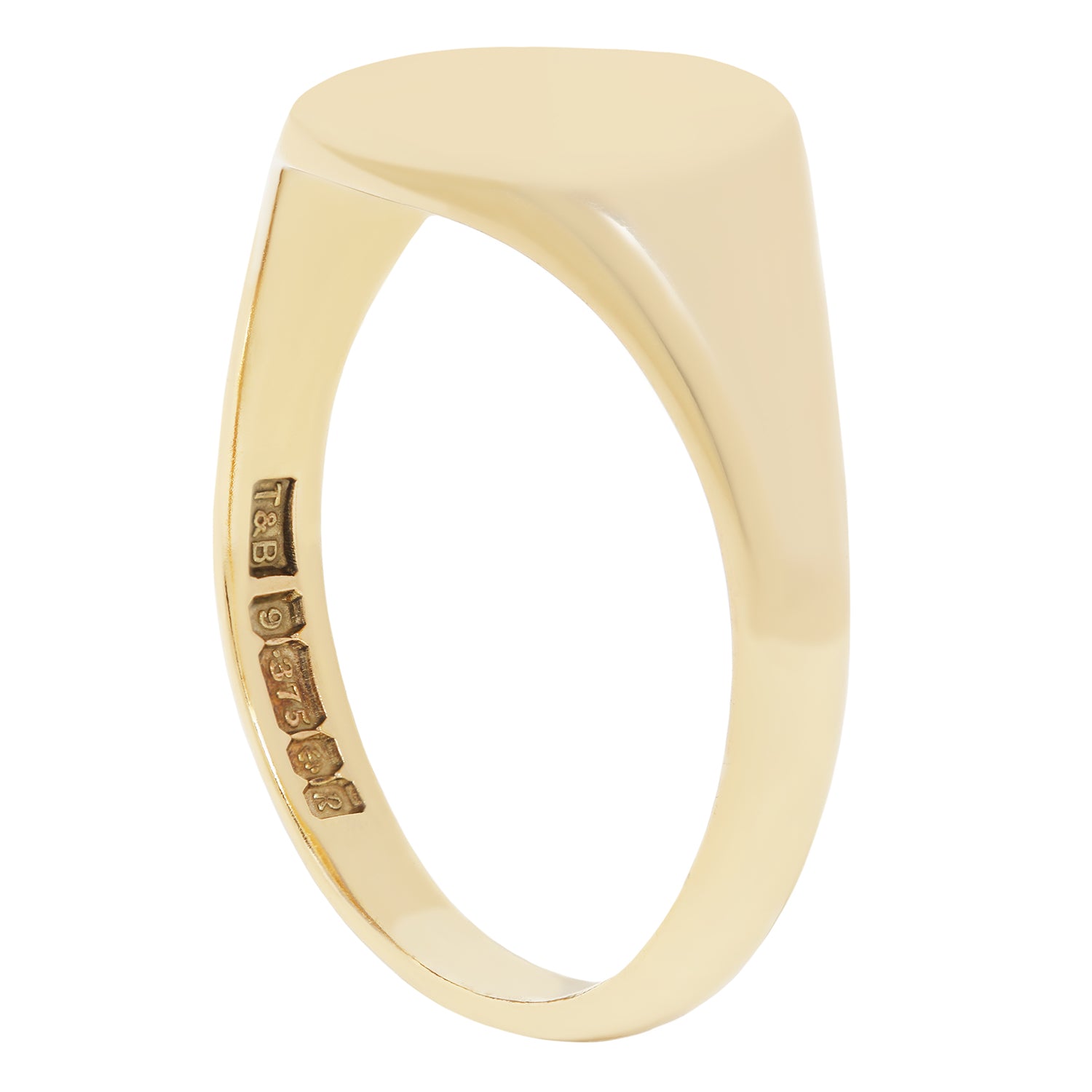 A polished yellow gold signet ring with a smooth, flat oval face, shown on a clean white background. The inner band features gold hallmarks.