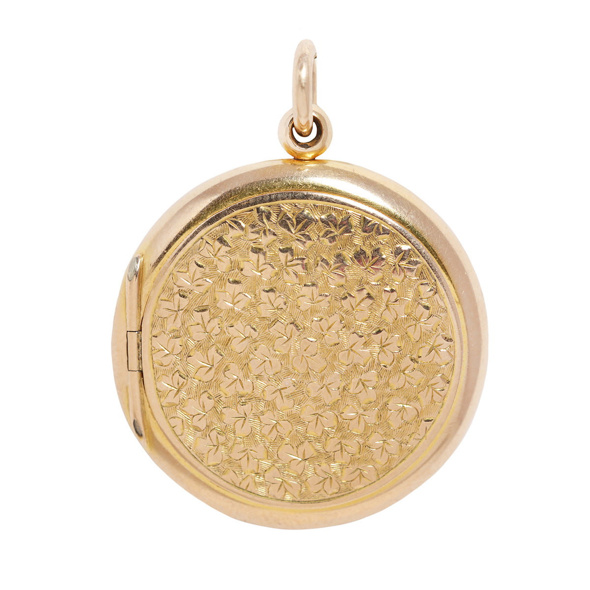 A round yellow gold locket pendant with a textured, diamond-cut pattern on the front and a small hanging loop at the top, shown on a plain white background.