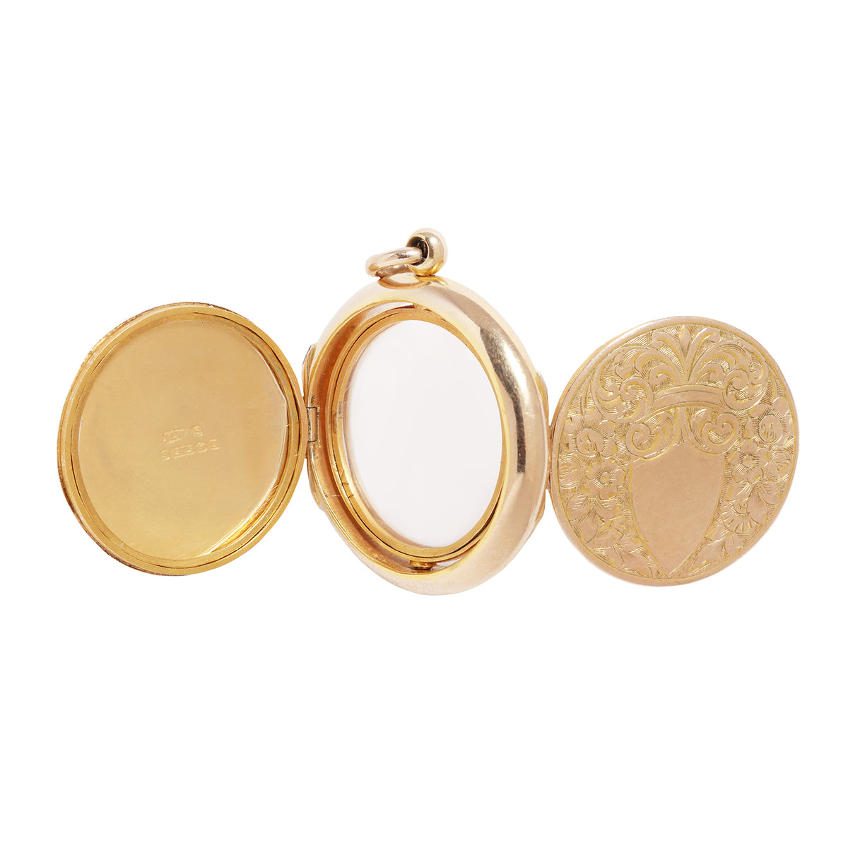 A gold locket with an open hinged lid, showing a blank white insert in the center and an engraved decorative back on the right side, set against a plain white background.