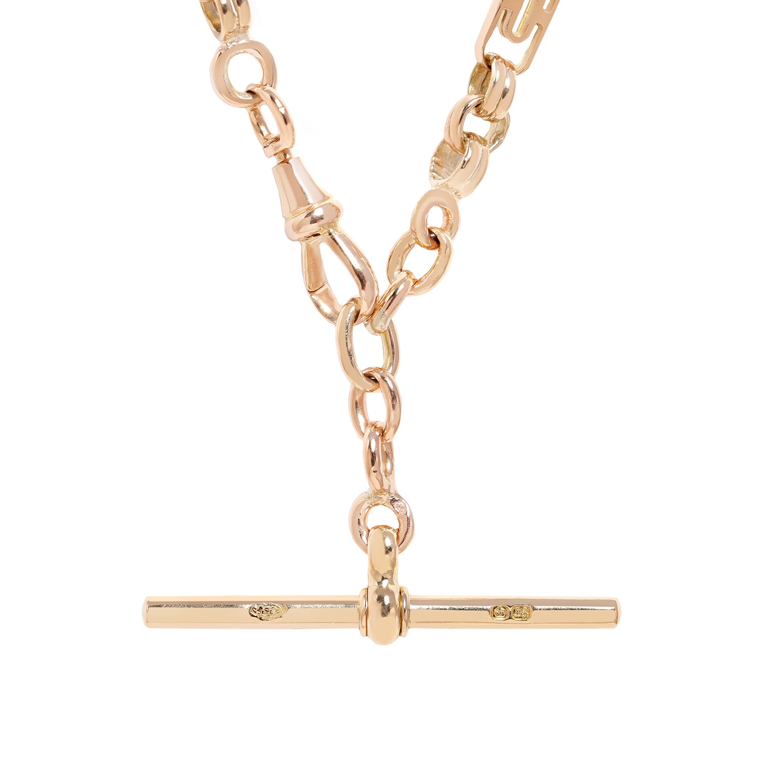 A close-up of a polished yellow gold chain necklace with a toggle clasp pendant, set against a solid white background.