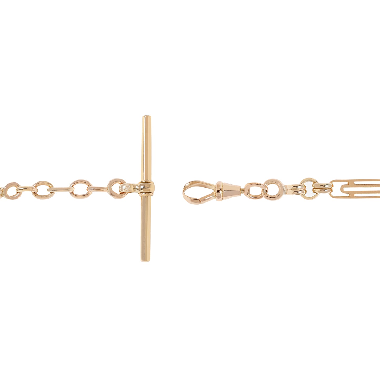 Close-up of a gold-tone chain bracelet showing a toggle clasp on the left and a dog clip clasp with extension links on the right, set against a plain white background.