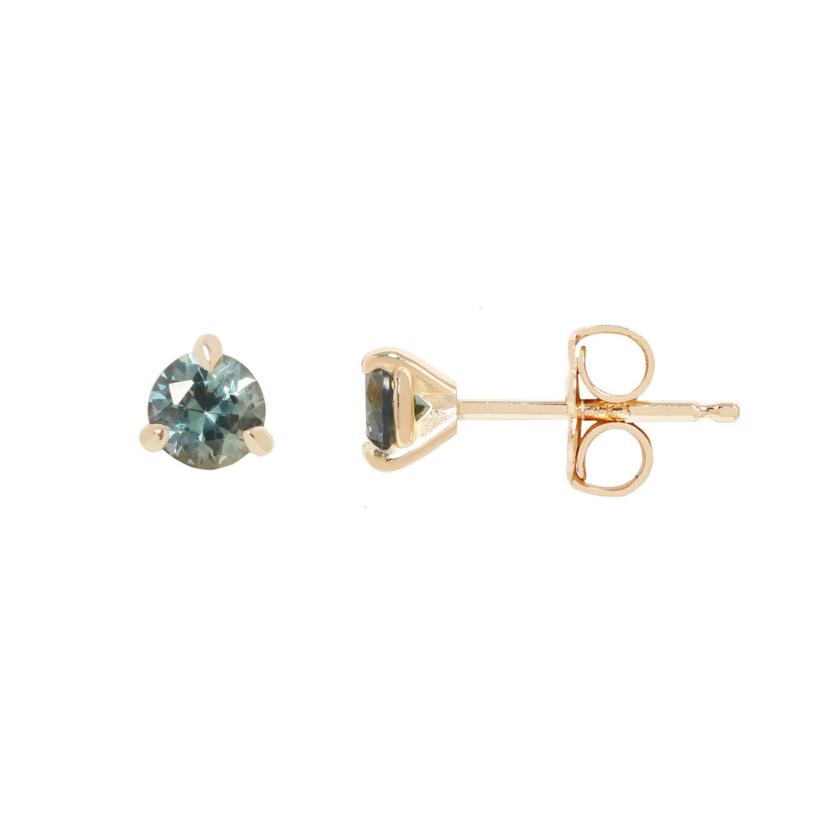 two small gold stud earrings with blue sapphires, against a white background.