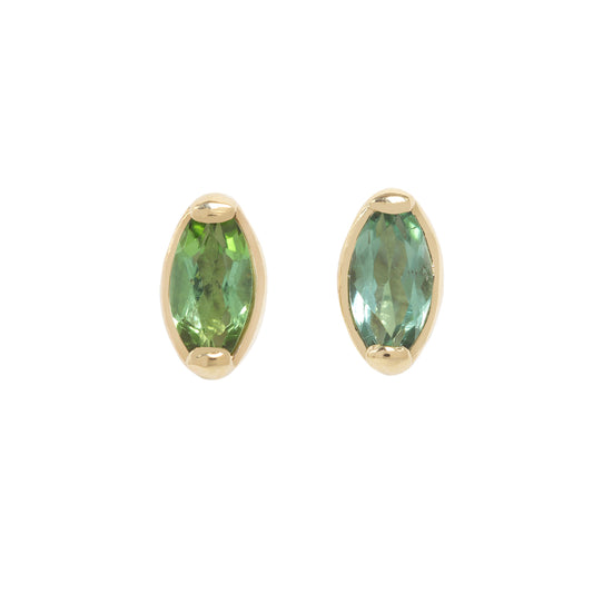 A pair of marquise cut green tourmaline studs set in 14k yellow gold settings.