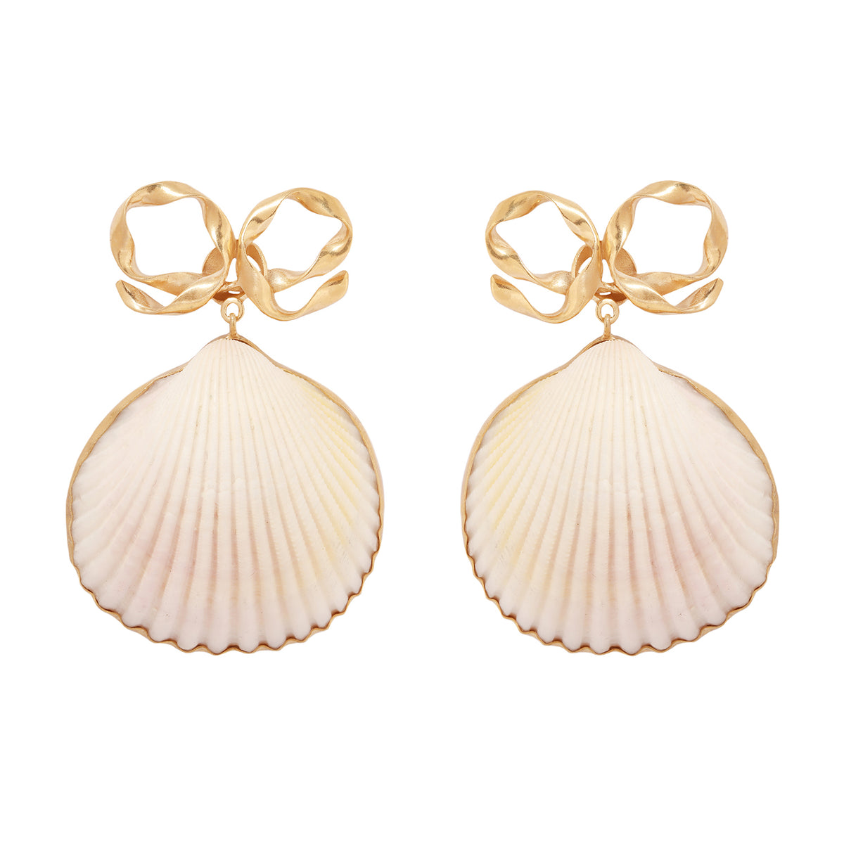 Shell-shaped earrings with gold accents on a white background