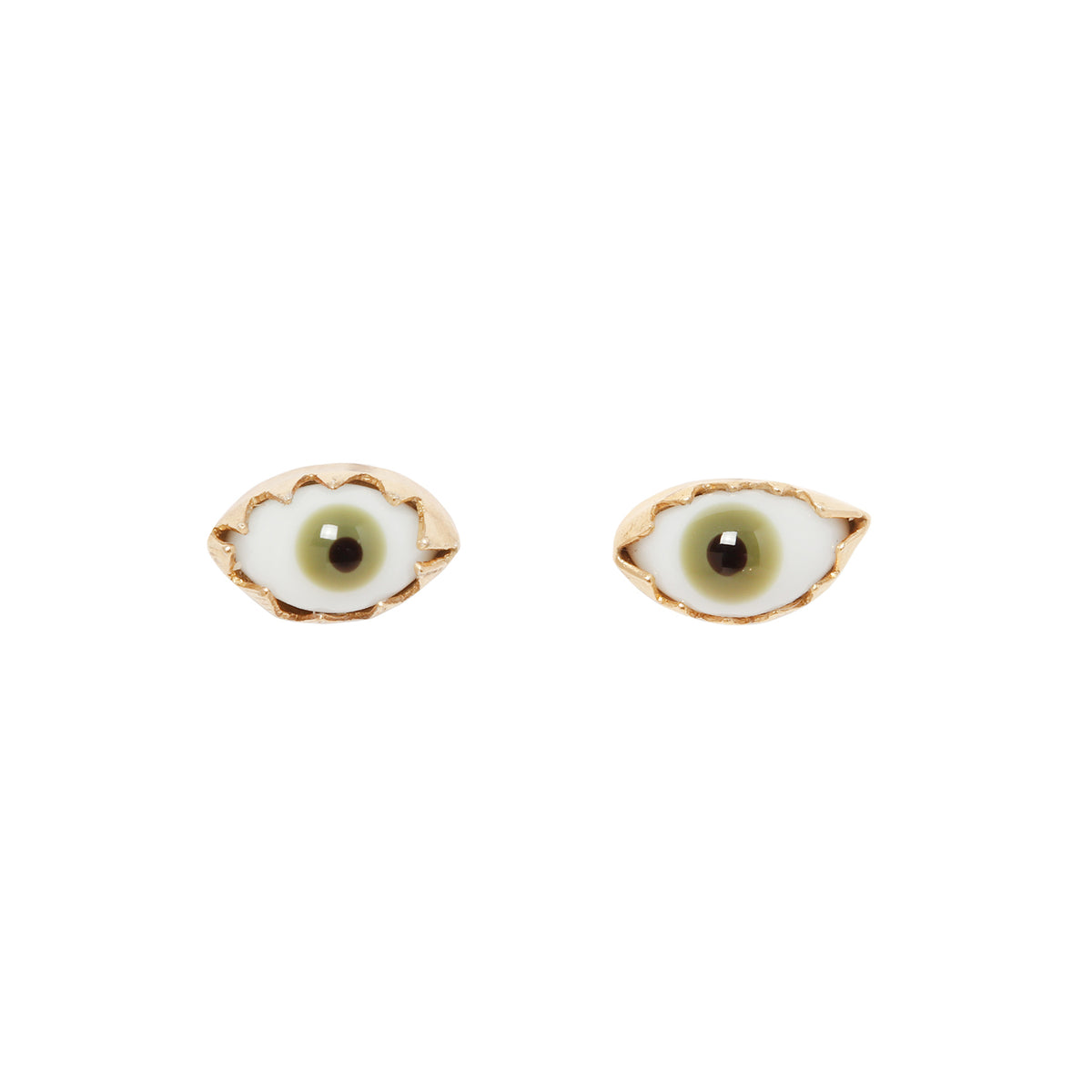 Glass green eye stud earrings on a white background