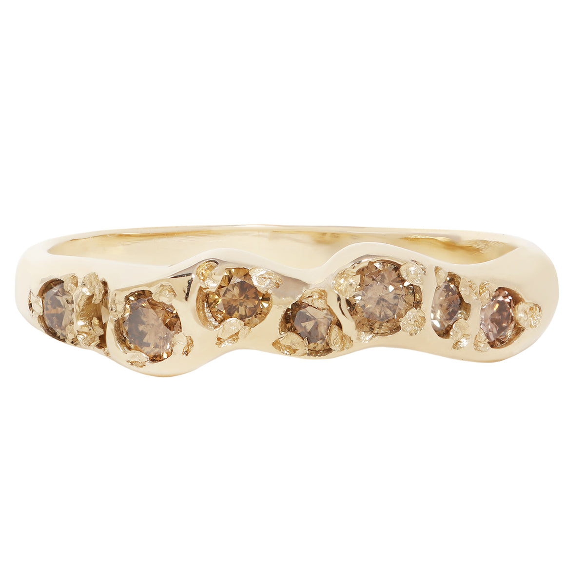 A gold ring featuring a wavy, organic-shaped band set with seven small round brown gemstones, shown against a plain white background.