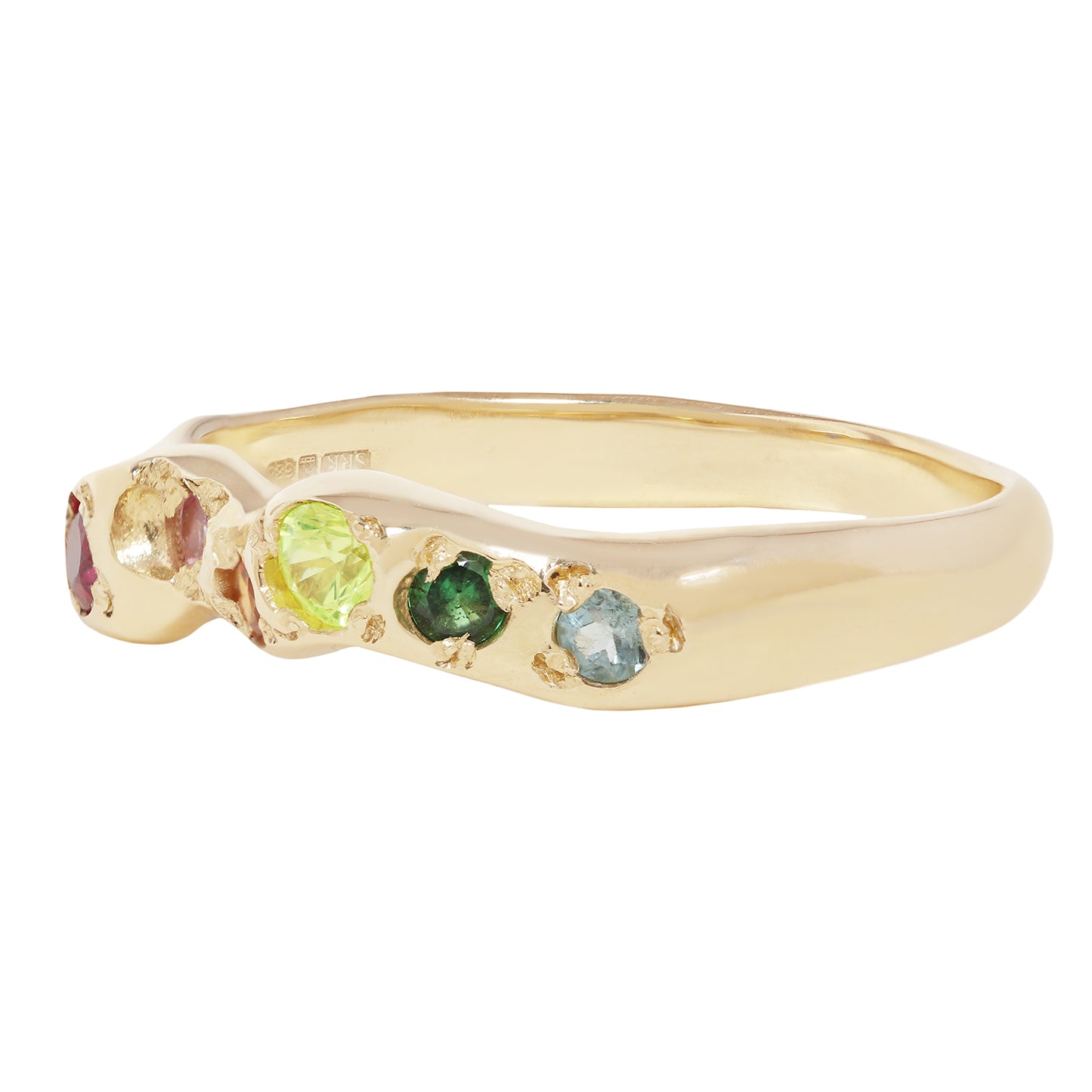 A yellow gold ring featuring four small, round-cut gemstones in a row: a pink stone, a light green stone, a dark green stone, and a light blue stone, set against a plain white background.