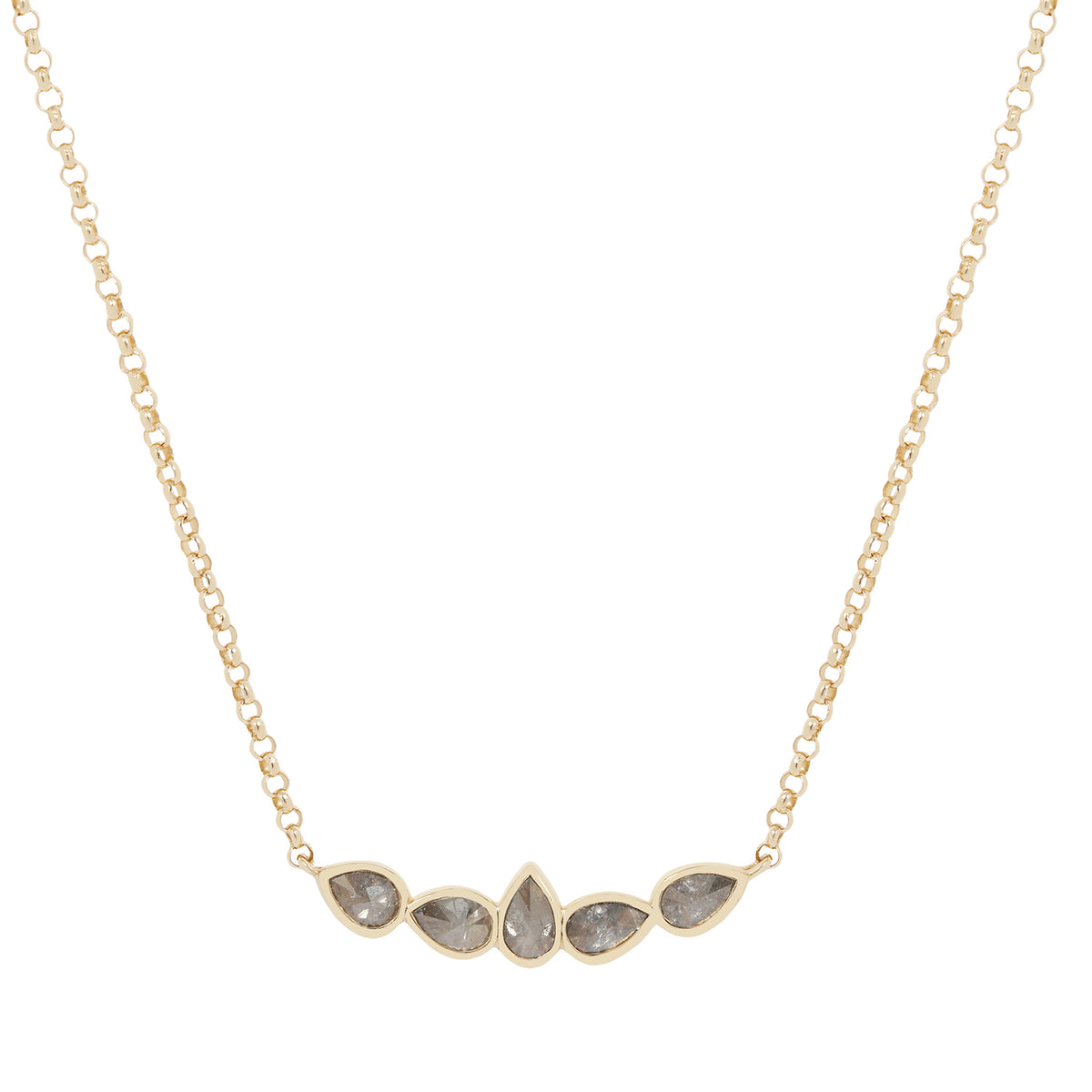 Gold necklace with five teardrop-shaped stones on a white background