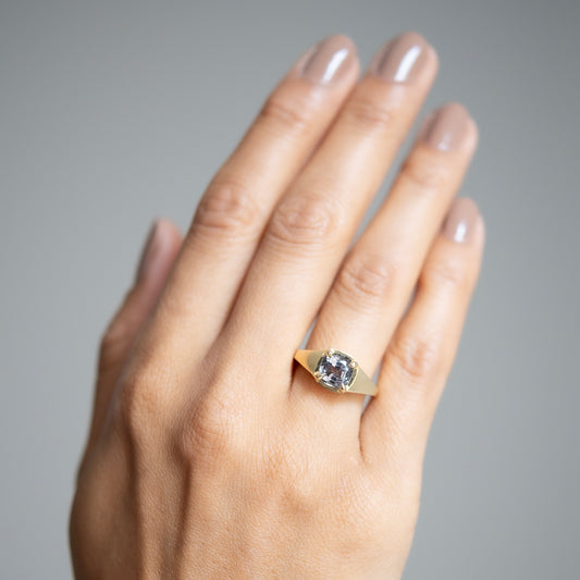 Lauren Wolf - Hand wearing a gold ring with a spinel on a gray background