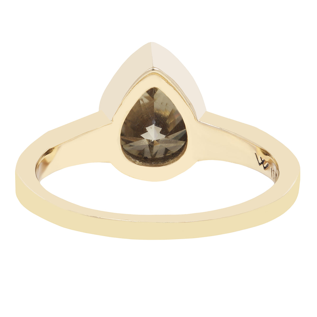 Gold ring with a large teardrop-shaped green diamond on a white background