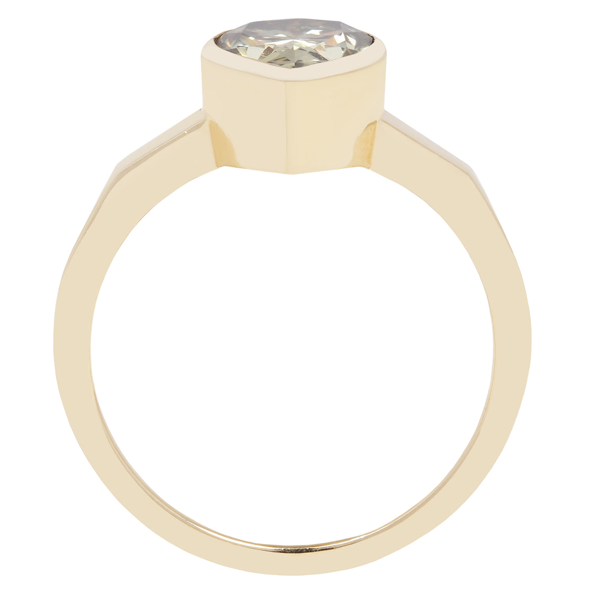 Gold ring with a large teardrop-shaped green diamond on a white background