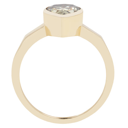 Gold ring with a large teardrop-shaped green diamond on a white background