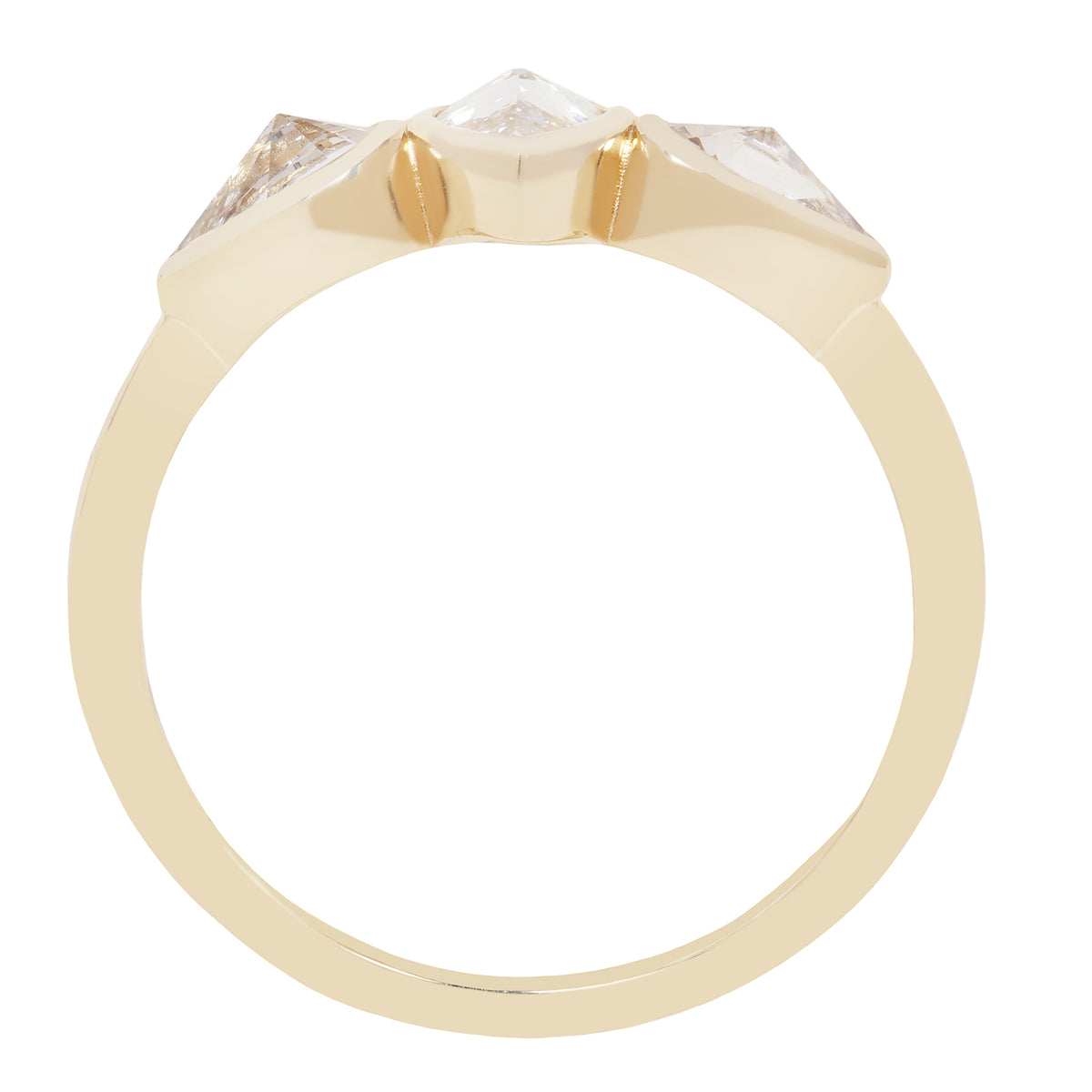 A yellow gold ring with a three-stone setting featuring a central square-cut diamond flanked by two smaller marquise-cut diamonds, shown on a plain white background.