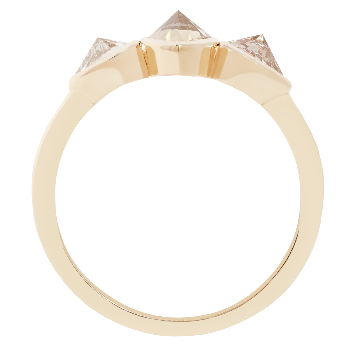 Three pear shape point up diamond ring in yellow gold on a white background