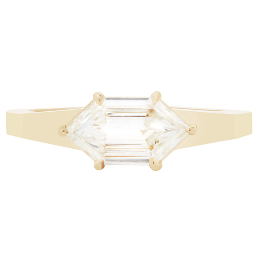 Gold ring with two large diamond stones on a white background