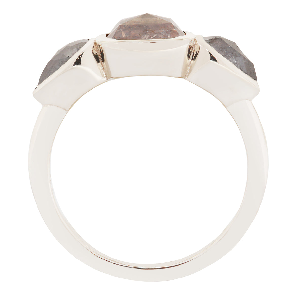 White gold ring with gray gemstones on a white background