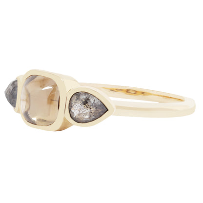 Gold ring with two gray gemstones on a white background