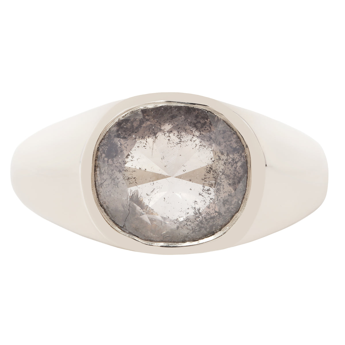 A silver signet ring featuring a large, round, heavily textured gray gemstone in a polished white gold bezel setting, shown against a plain white background.