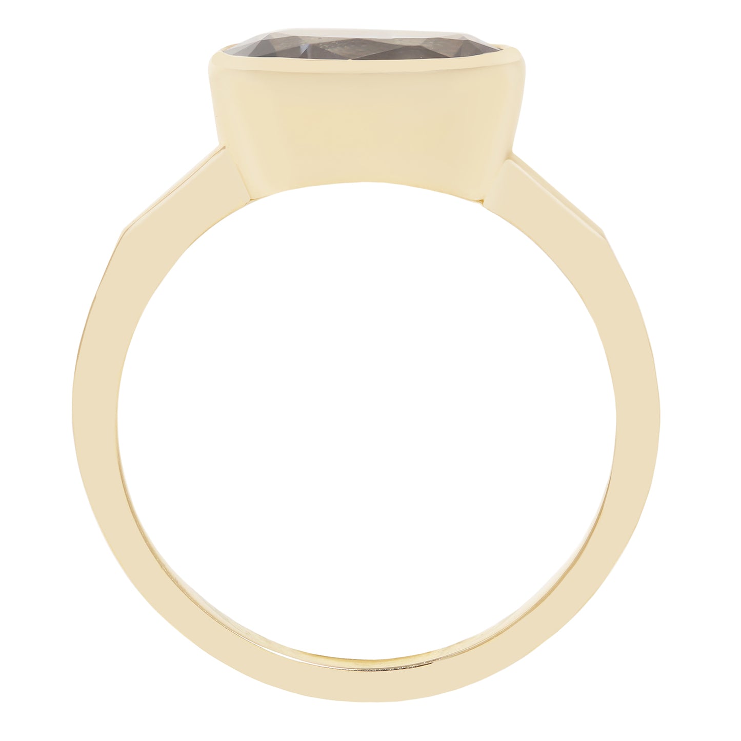 A minimalist gold ring with a wide, polished band and a large, smooth, rounded rectangular bezel holding a dark gray faceted gemstone, shown against a solid white background.