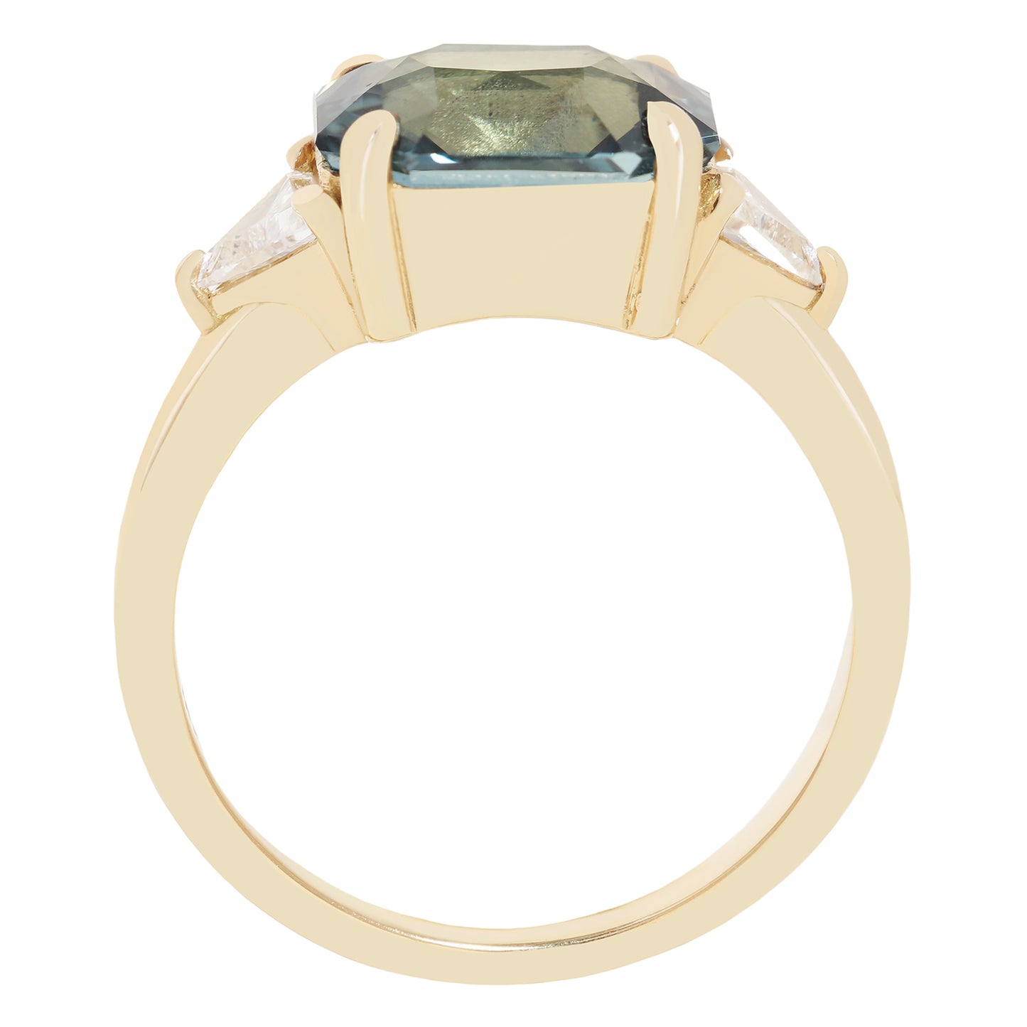 A yellow gold ring featuring a large rectangular-cut blue-green center stone and two small clear accent stones on the shoulders, shown against a plain white background.