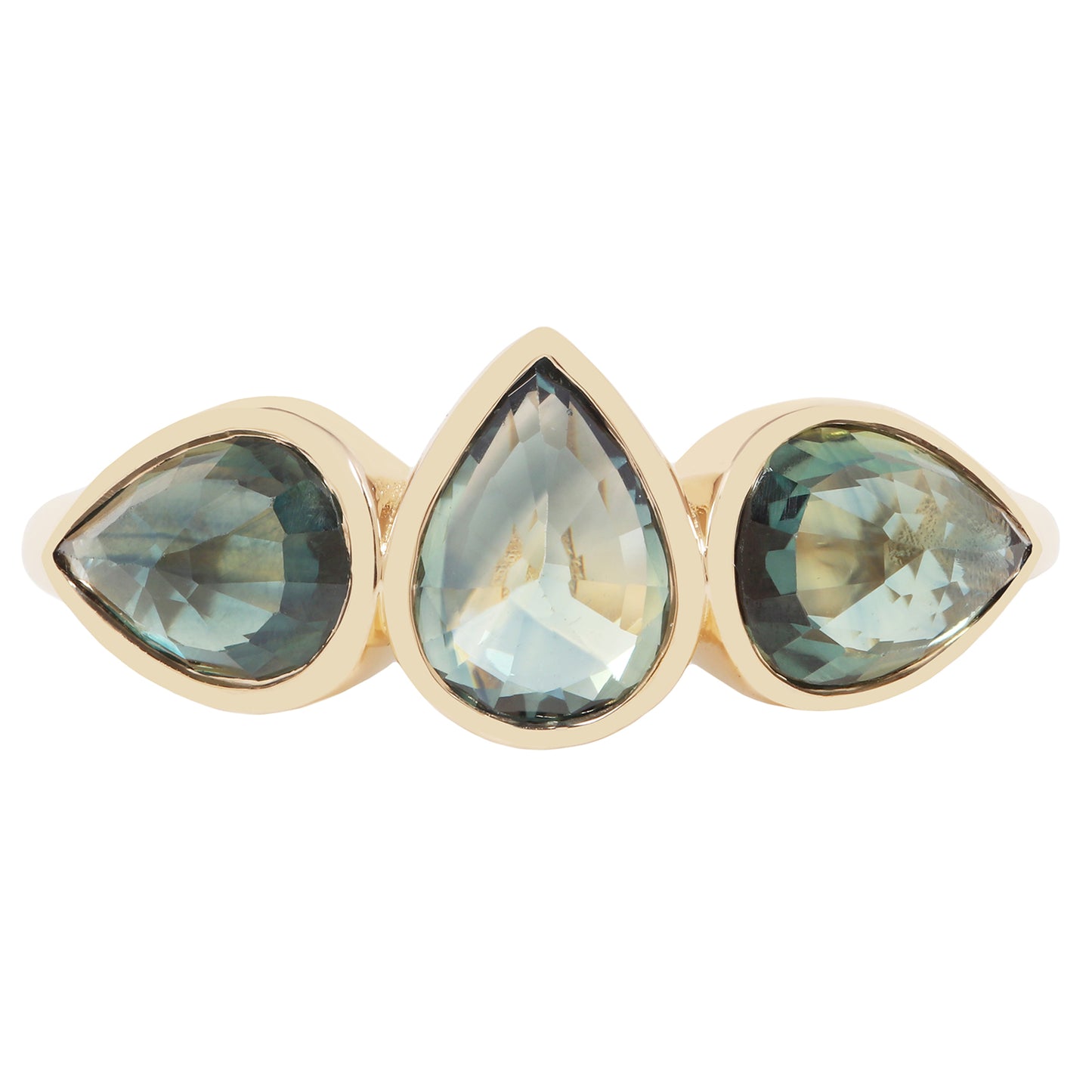 A gold ring featuring three teardrop-shaped light blue-green gemstones set in a row on a white background.
