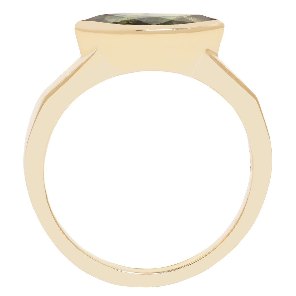 A yellow gold ring with a square-cut green gemstone in a prong setting, shown against a plain white background.