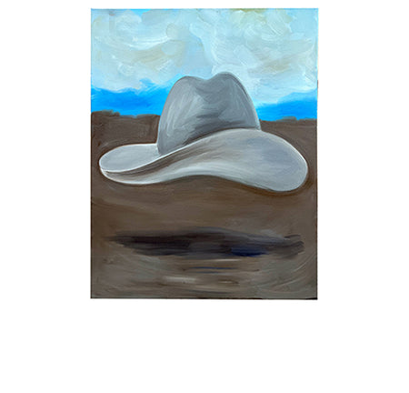 Painting of a cowboy hat with a desert landscape in the background
