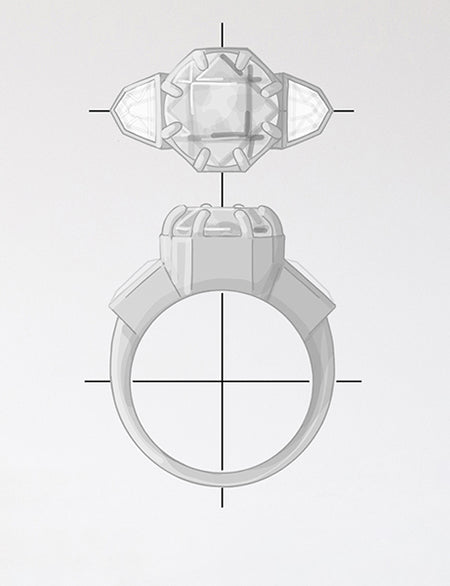 Technical drawing of a diamond ring with detailed views on a light gray background