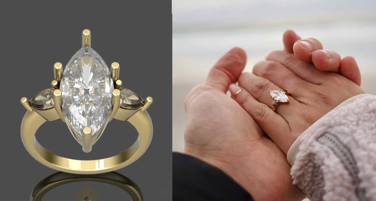 Rendering of gold and diamond ring on a grey background next to a photo close-up of a person wearing custom made diamond ring.