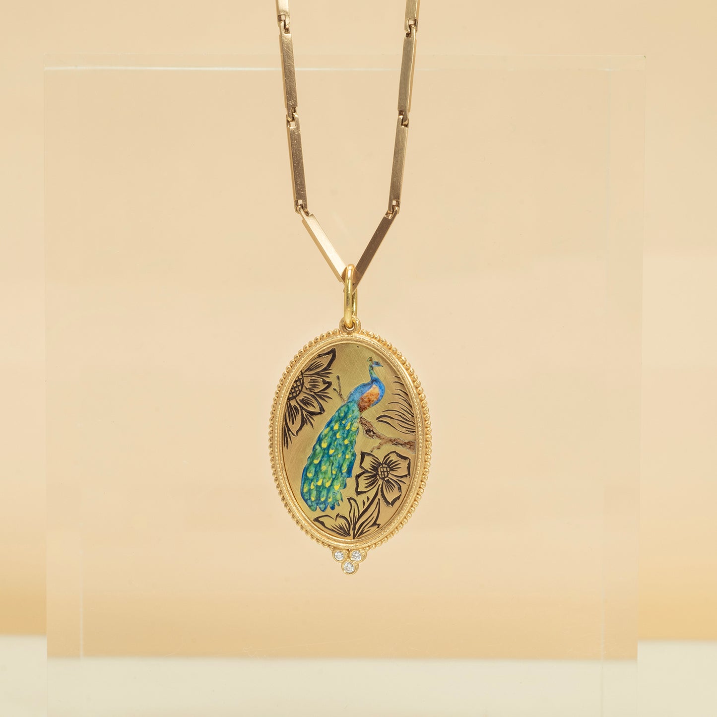 Enamel Peacock & Diamond Charm