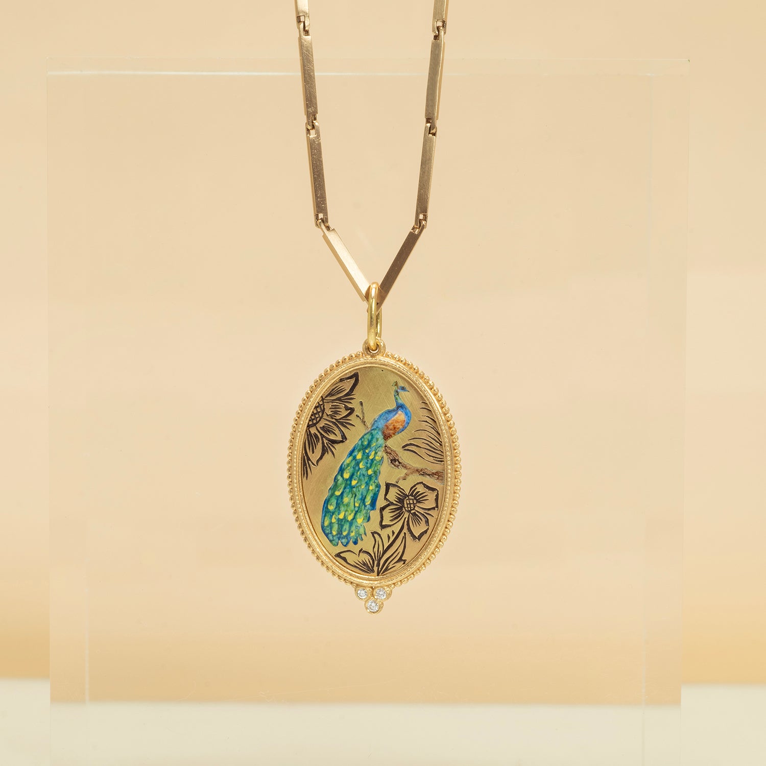 Enamel Peacock & Diamond Charm