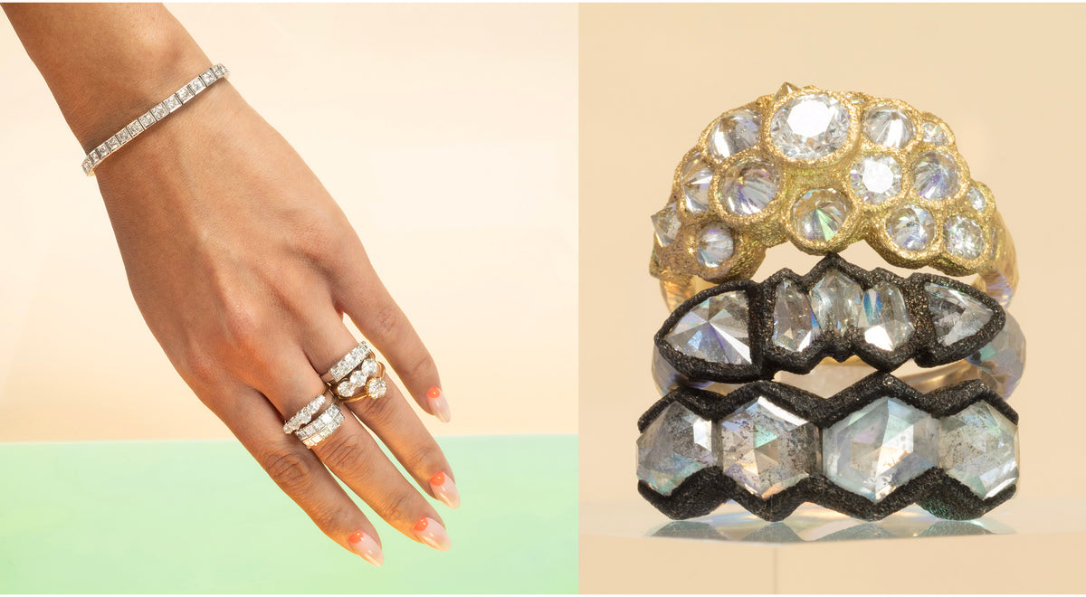 Jewelry set with rings and a bracelet on a hand model on beige background, and a stack of diamond rings